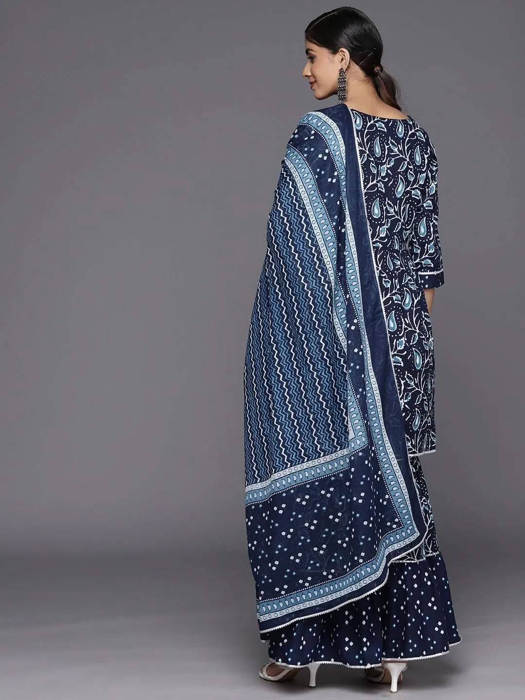 Mameraa Blue Printed Cotton Anarkali Sharara Suit Set With Dupatta