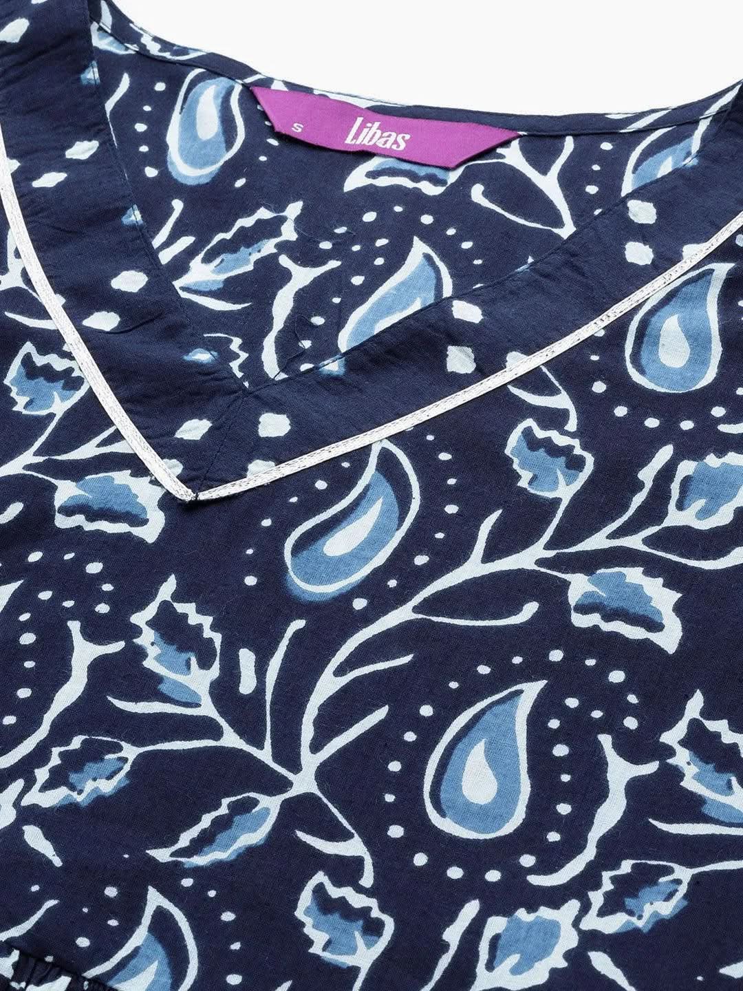 Mameraa Blue Printed Cotton Anarkali Sharara Suit Set With Dupatta
