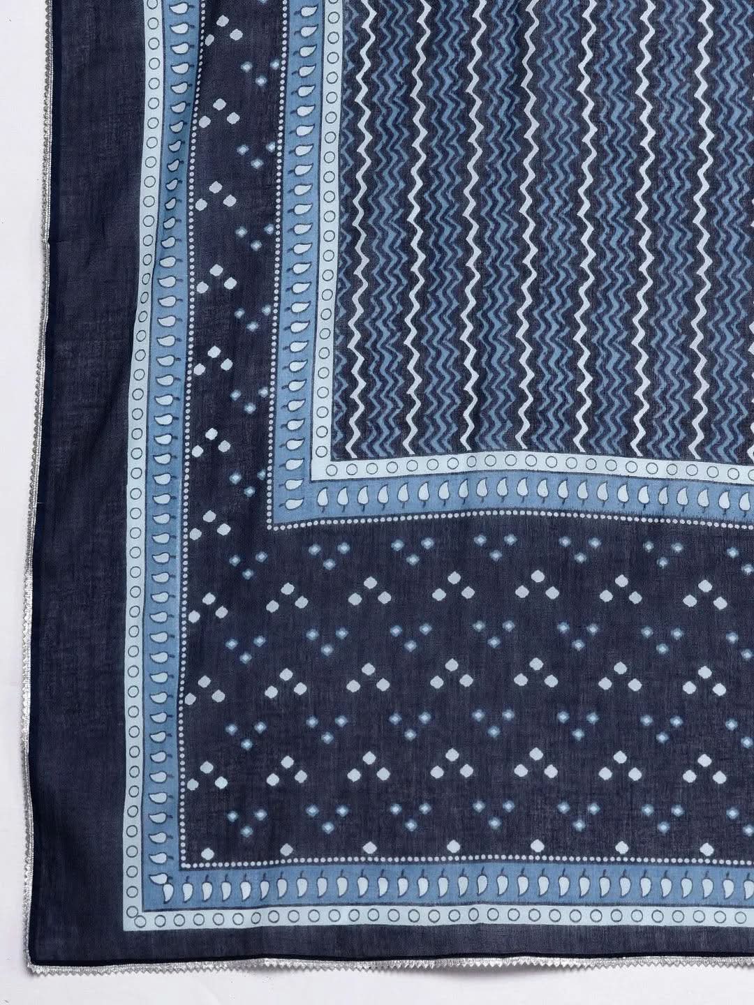 Mameraa Blue Printed Cotton Anarkali Sharara Suit Set With Dupatta