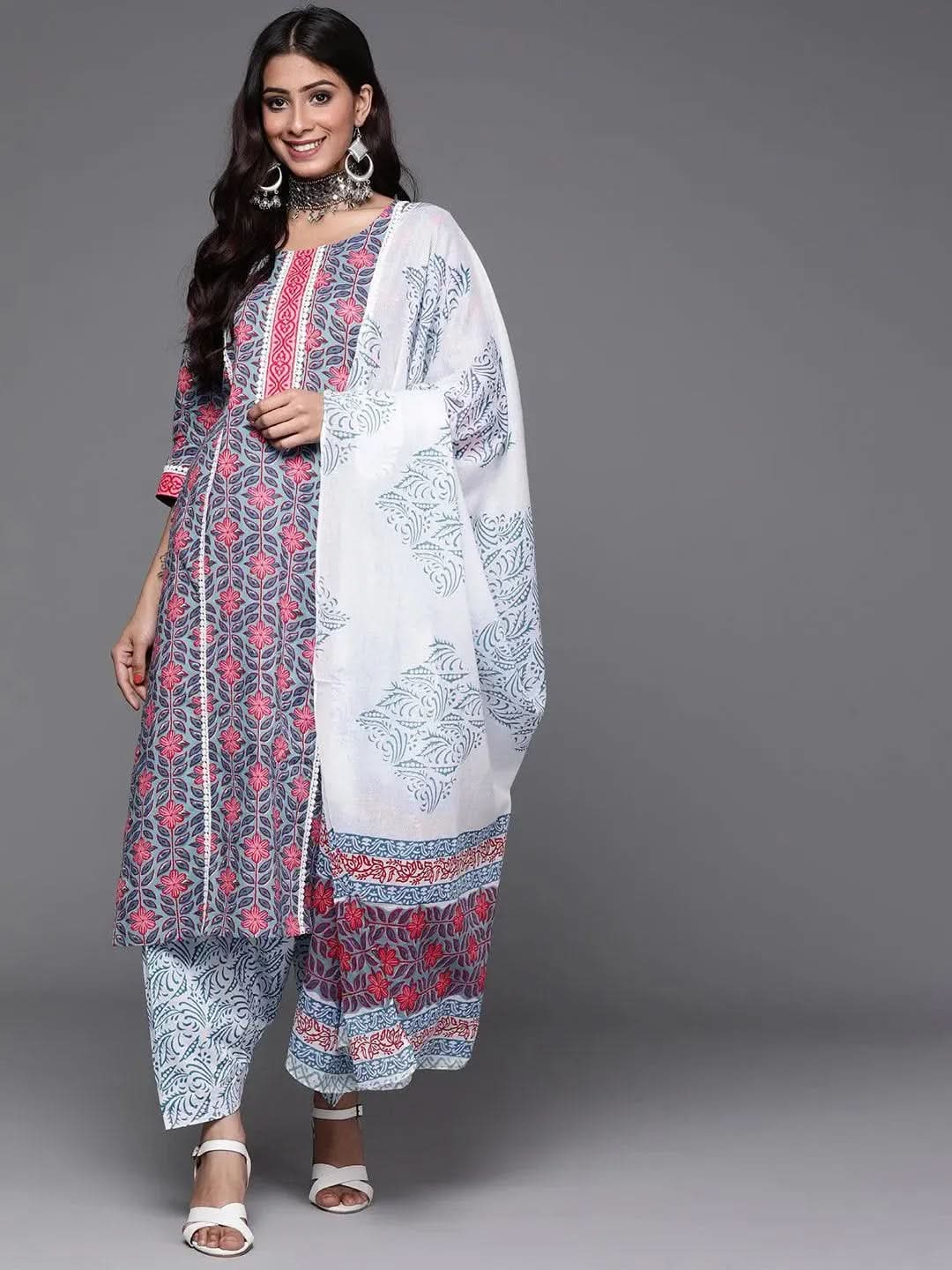 Mameraa Blue Printed Cotton Straight Kurta With Salwar & Dupatta