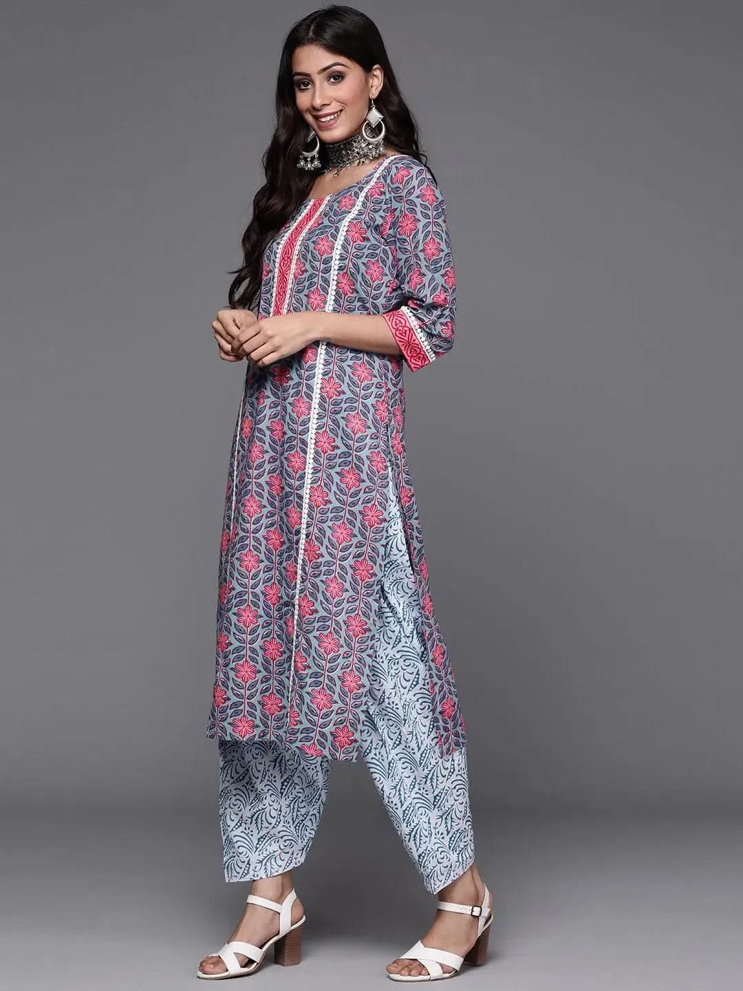Mameraa Blue Printed Cotton Straight Kurta With Salwar & Dupatta