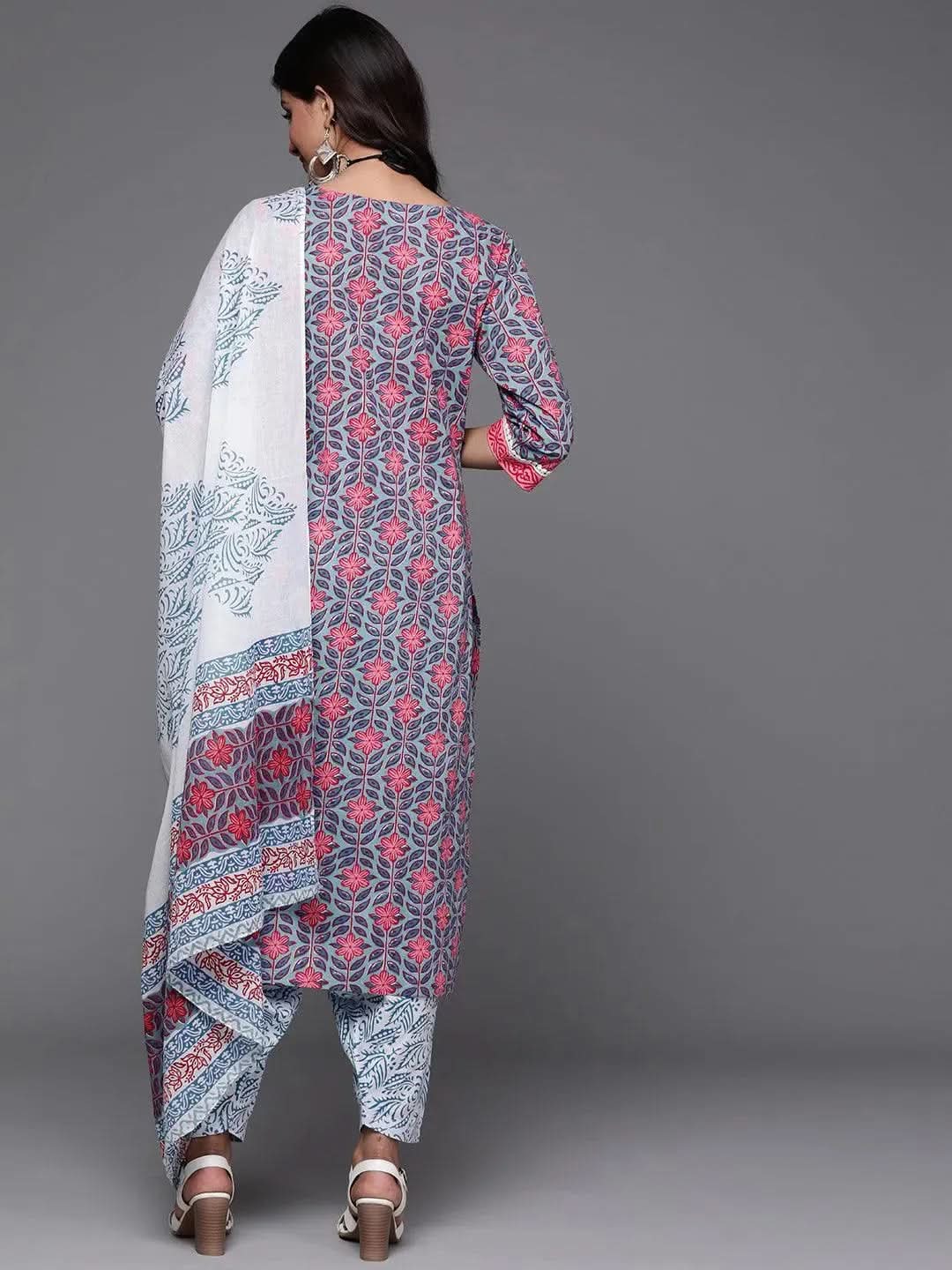 Mameraa Blue Printed Cotton Straight Kurta With Salwar & Dupatta