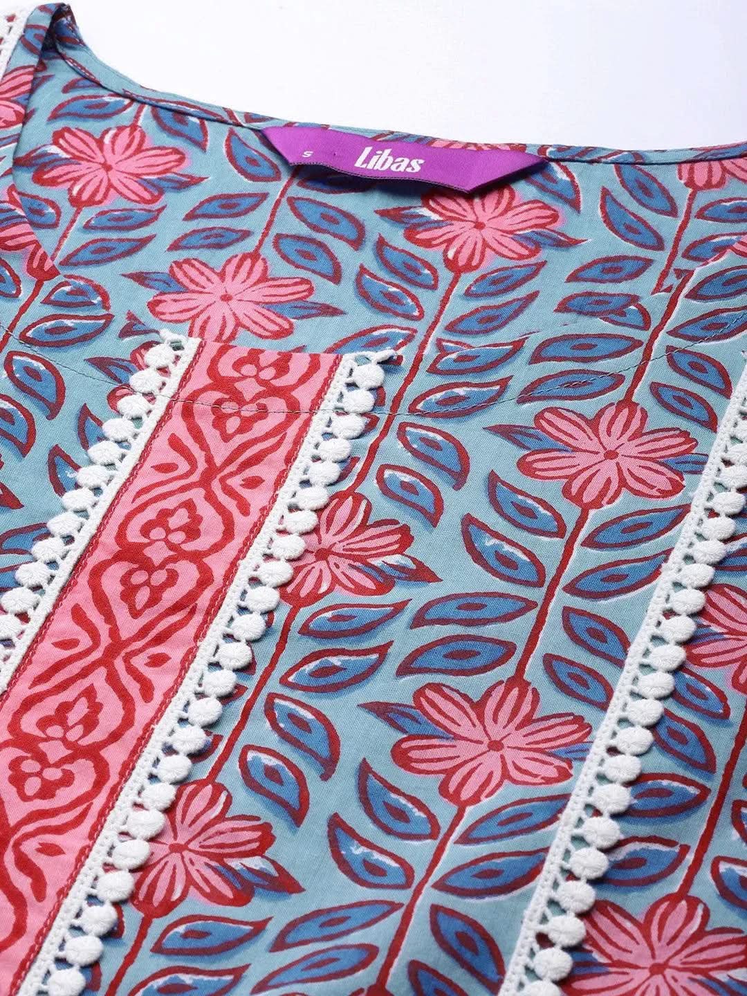 Mameraa Blue Printed Cotton Straight Kurta With Salwar & Dupatta