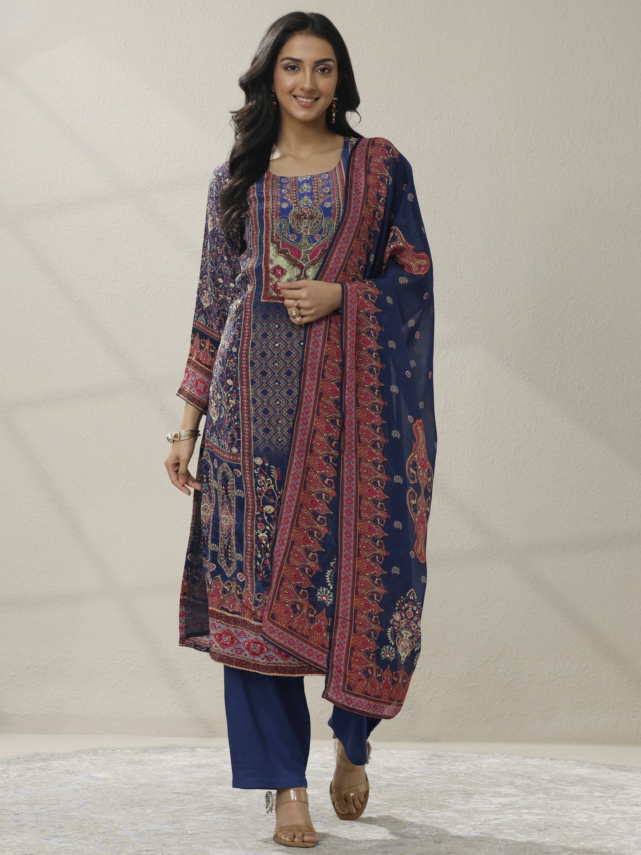 Libas Blue Printed Muslin Straight Suit Set With Dupatta