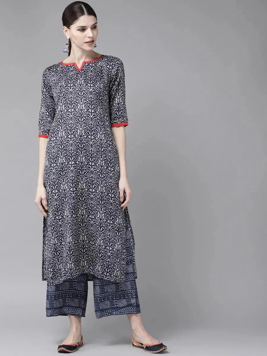 Libas Blue Printed Rayon Straight Kurta With Palazzos