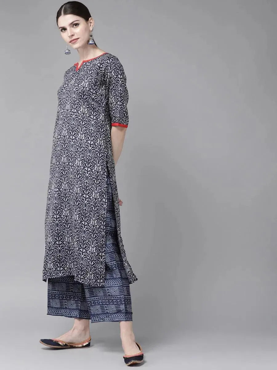 Libas Blue Printed Rayon Straight Kurta With Palazzos