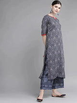 Libas Blue Printed Rayon Straight Kurta With Palazzos