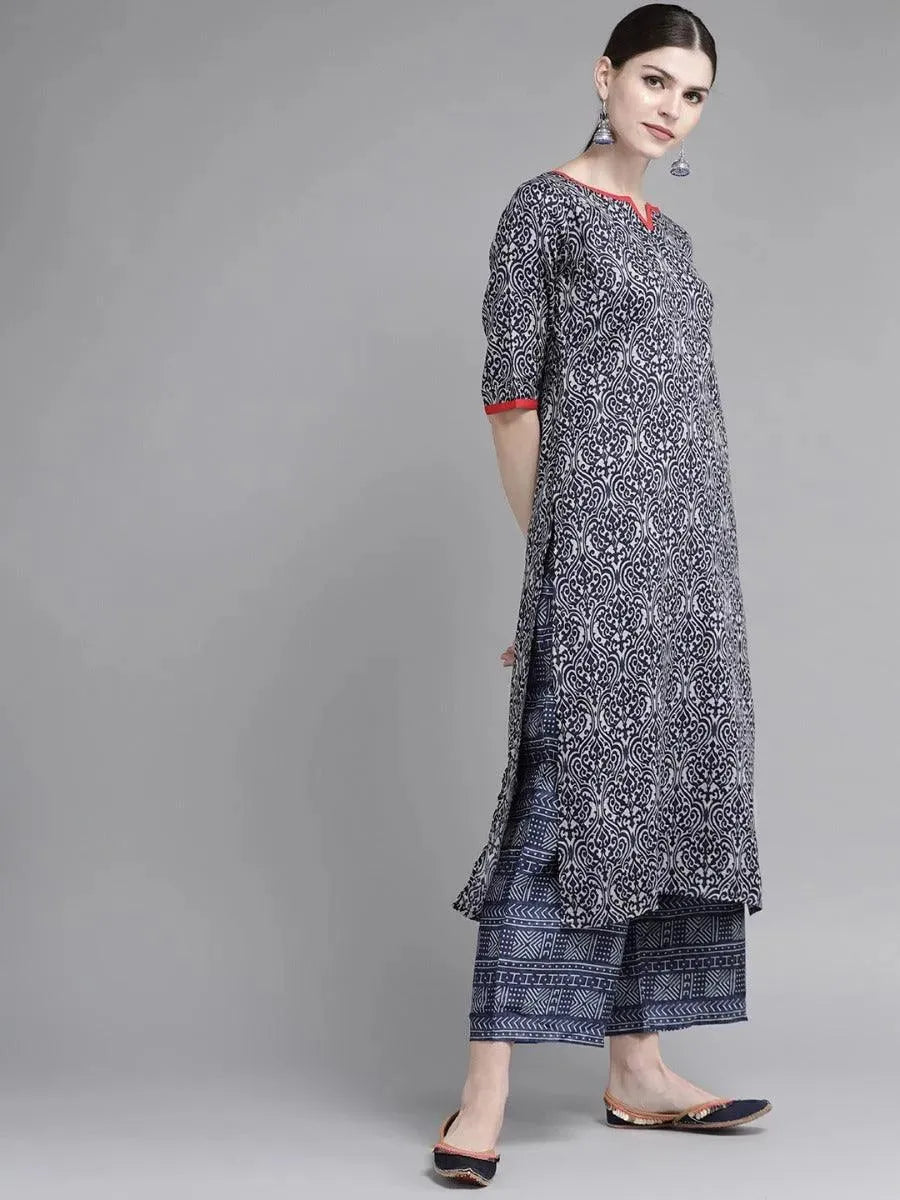 Libas Blue Printed Rayon Straight Kurta With Palazzos