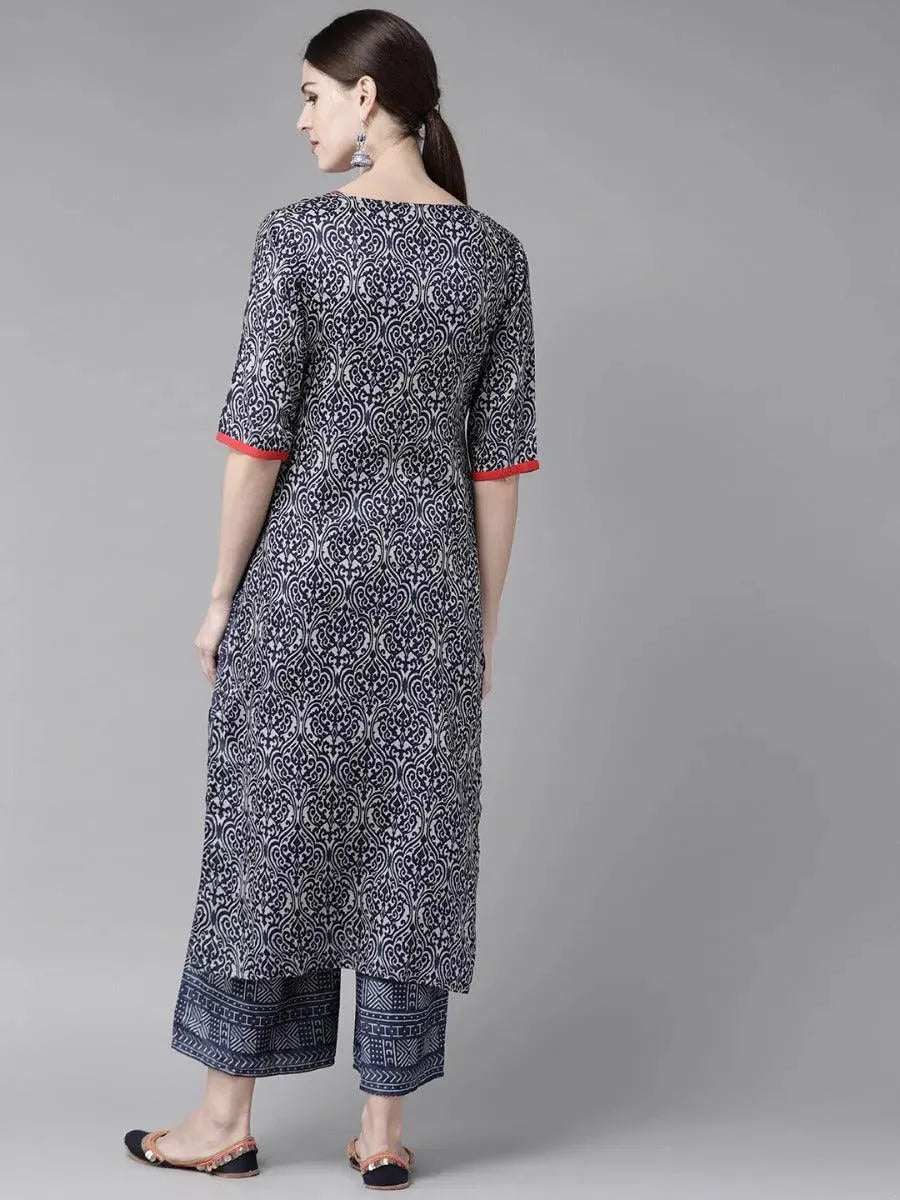 Libas Blue Printed Rayon Straight Kurta With Palazzos