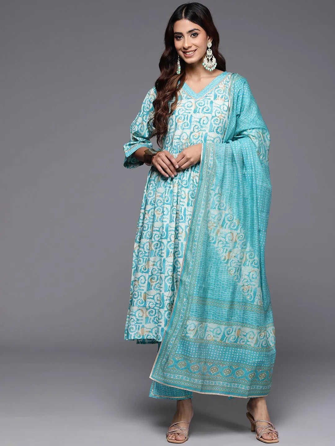 Mameraa Blue Printed Silk Blend A-Line Kurta With Palazzos & Dupatta