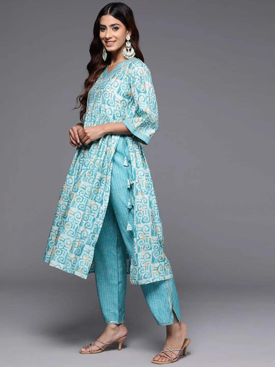 Mameraa Blue Printed Silk Blend A-Line Kurta With Palazzos & Dupatta