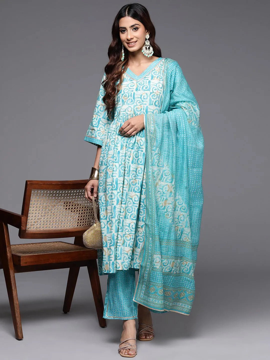 Mameraa Blue Printed Silk Blend A-Line Kurta With Palazzos & Dupatta