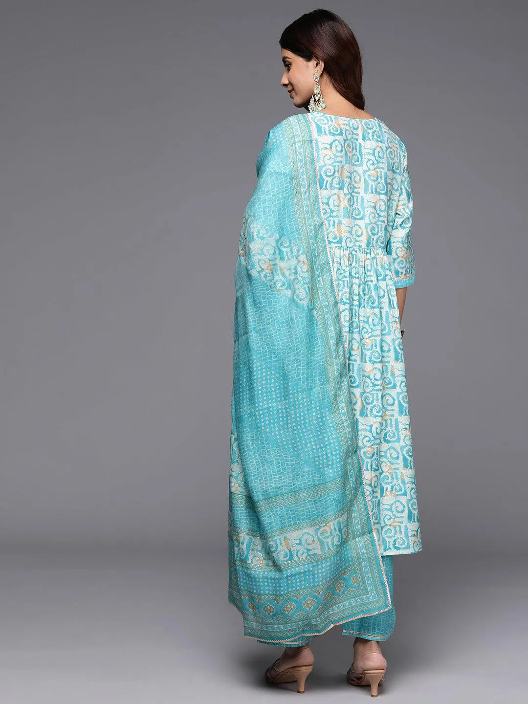 Mameraa Blue Printed Silk Blend A-Line Kurta With Palazzos & Dupatta