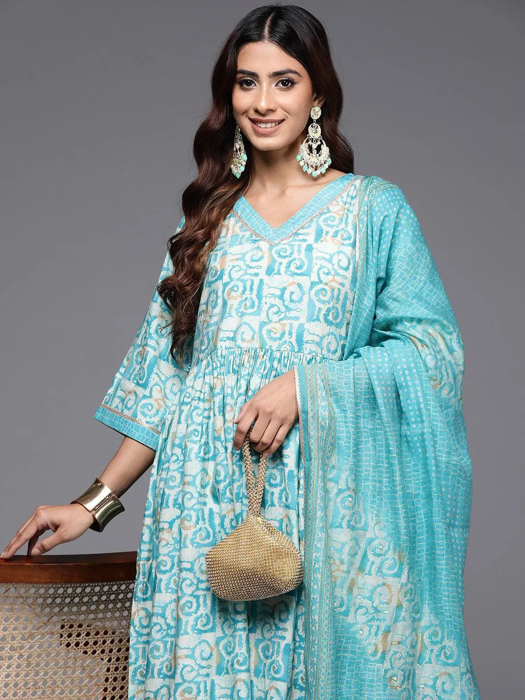 Mameraa Blue Printed Silk Blend A-Line Kurta With Palazzos & Dupatta