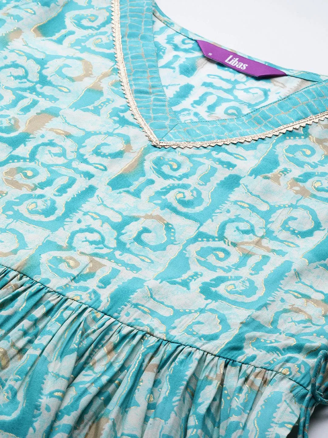 Mameraa Blue Printed Silk Blend A-Line Kurta With Palazzos & Dupatta