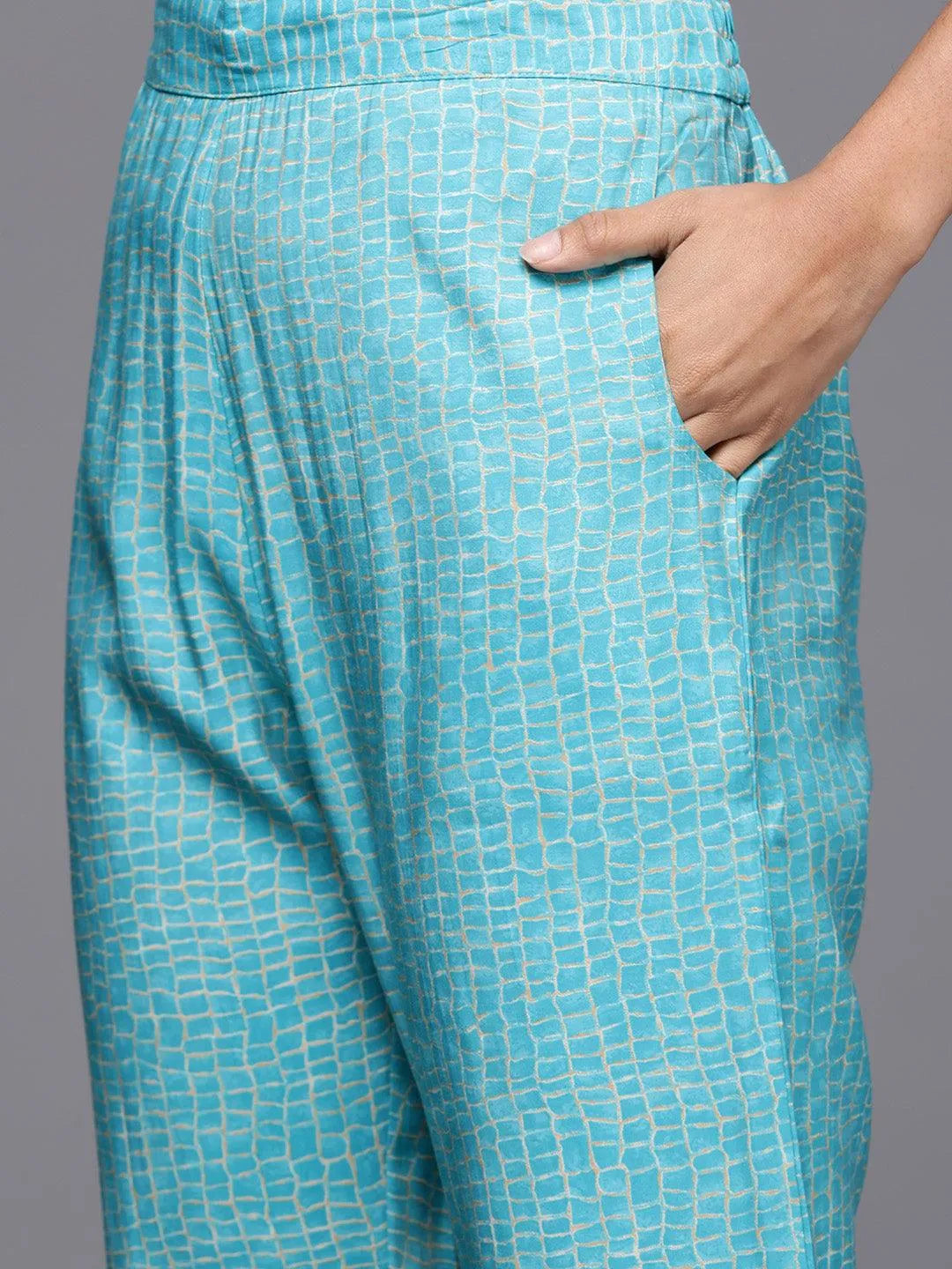 Mameraa Blue Printed Silk Blend A-Line Kurta With Palazzos & Dupatta