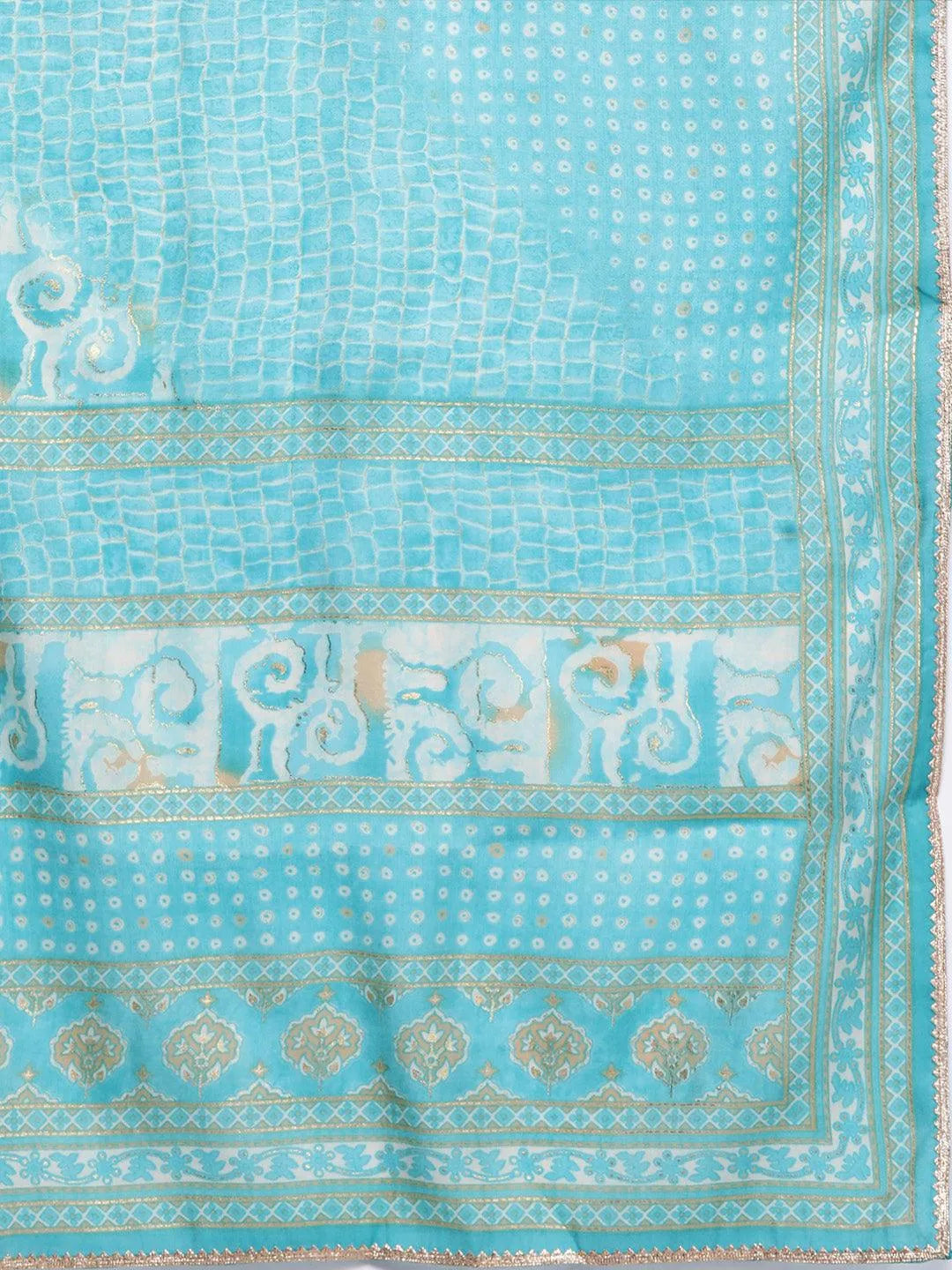 Mameraa Blue Printed Silk Blend A-Line Kurta With Palazzos & Dupatta