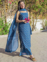 Gerua Blue Printed Silk Blend Straight Kurta With Palazzos & Dupatta