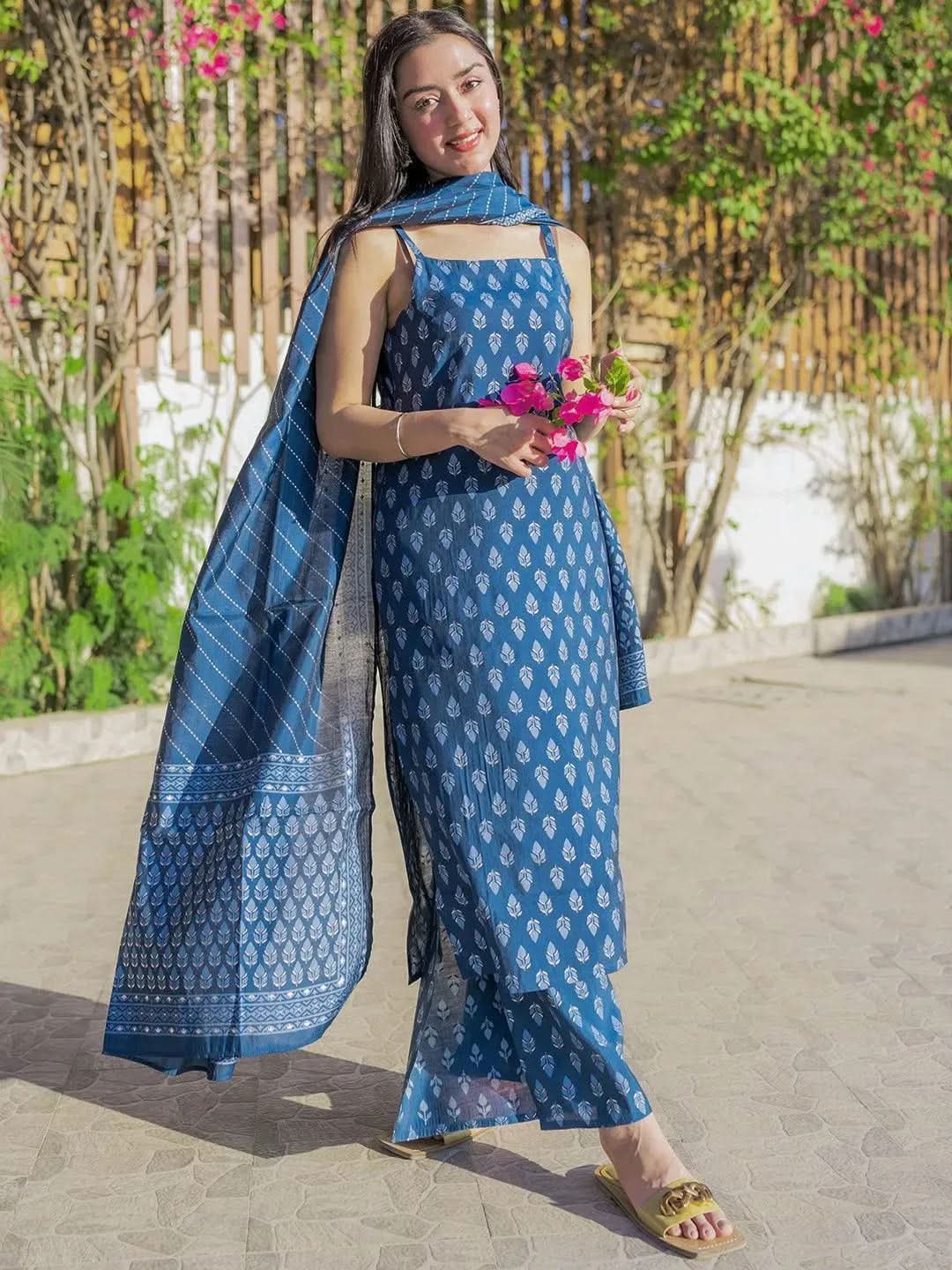 Gerua Blue Printed Silk Blend Straight Kurta With Palazzos & Dupatta
