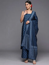 Gerua Blue Printed Silk Blend Straight Kurta With Palazzos & Dupatta
