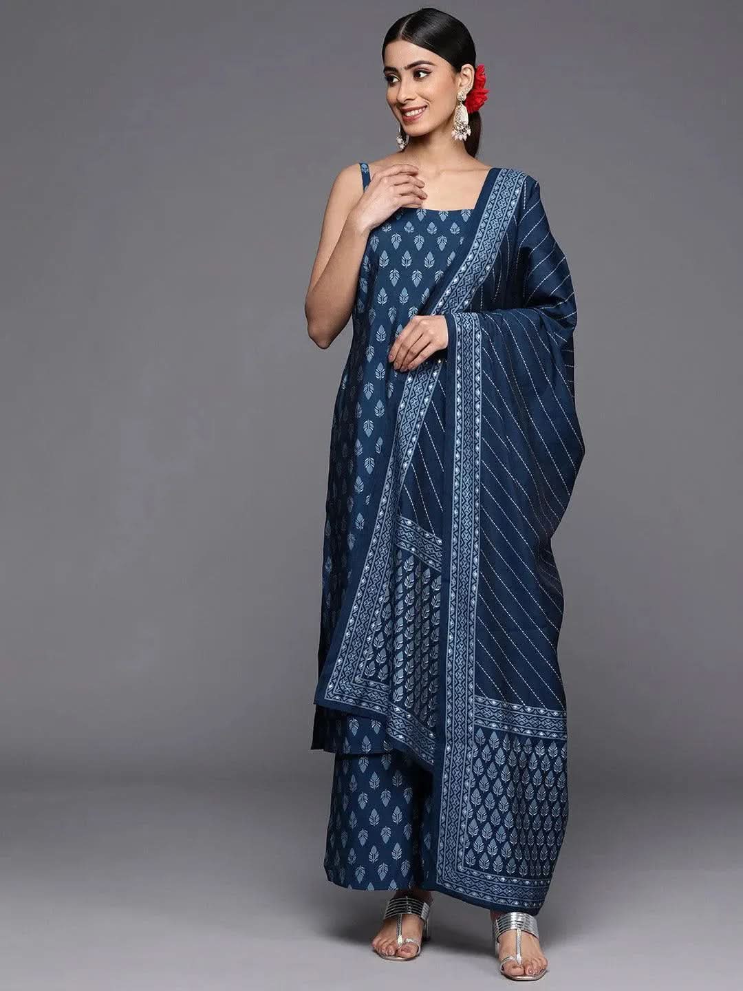 Gerua Blue Printed Silk Blend Straight Kurta With Palazzos & Dupatta