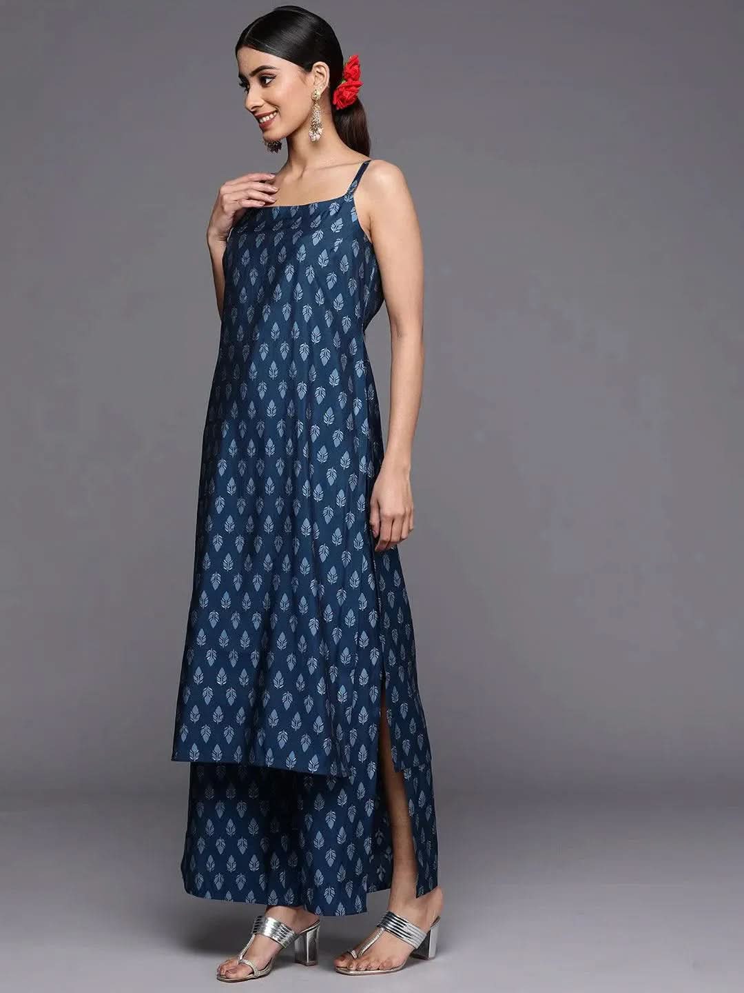 Gerua Blue Printed Silk Blend Straight Kurta With Palazzos & Dupatta