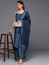 Gerua Blue Printed Silk Blend Straight Kurta With Palazzos & Dupatta