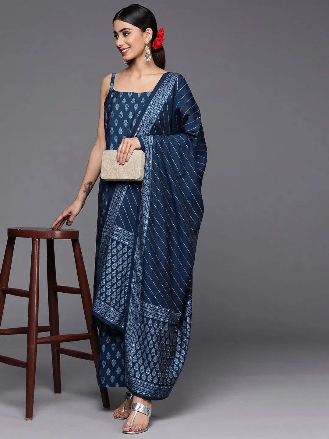 Gerua Blue Printed Silk Blend Straight Kurta With Palazzos & Dupatta