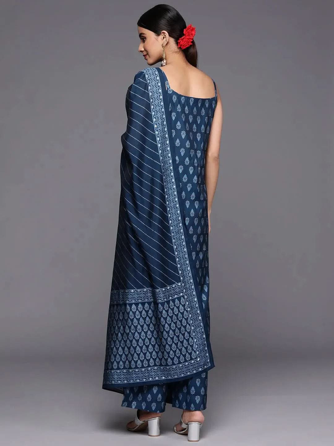 Gerua Blue Printed Silk Blend Straight Kurta With Palazzos & Dupatta