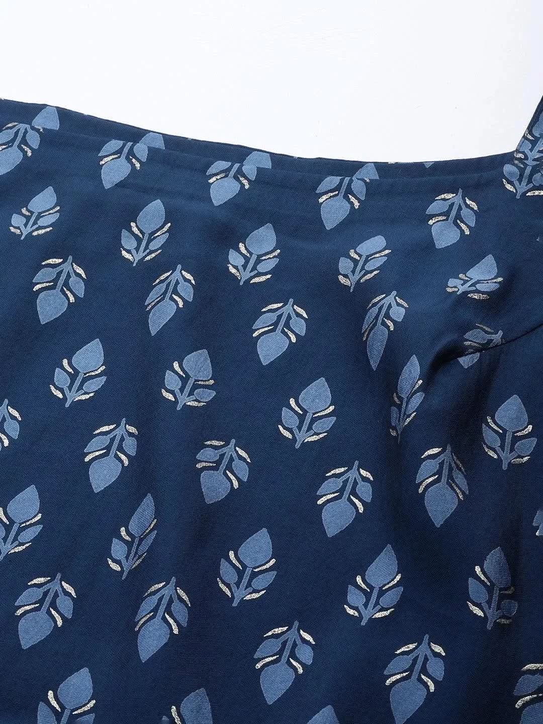 Gerua Blue Printed Silk Blend Straight Kurta With Palazzos & Dupatta