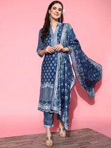 Libas Blue Printed Velvet Straight Kurta With Palazzos & Dupatta