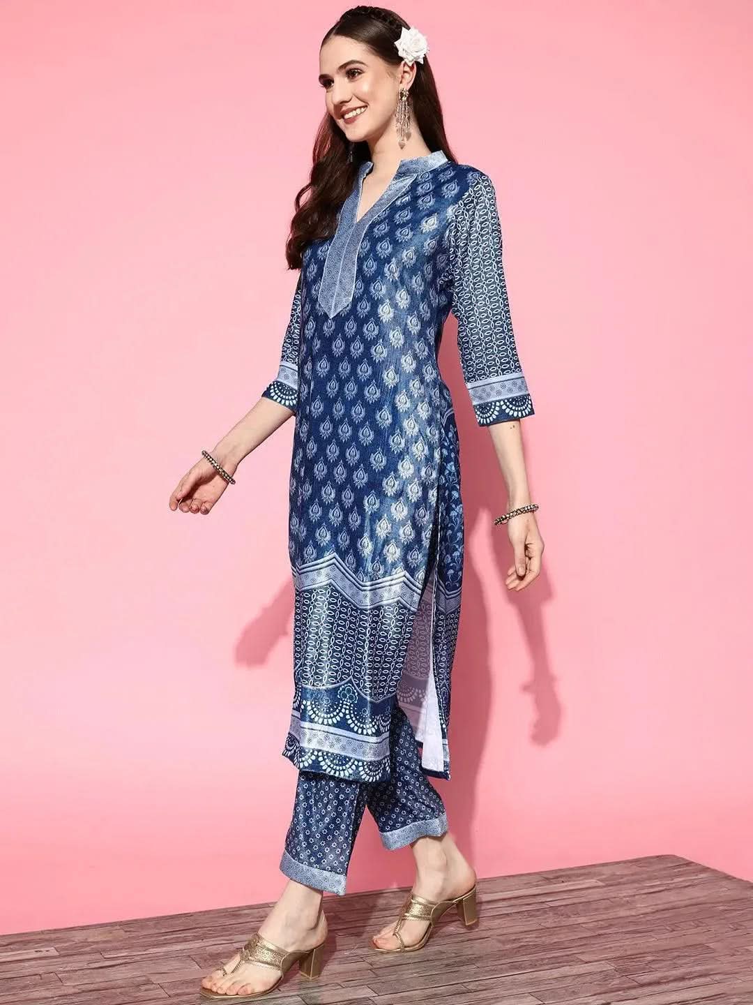 Libas Blue Printed Velvet Straight Kurta With Palazzos & Dupatta