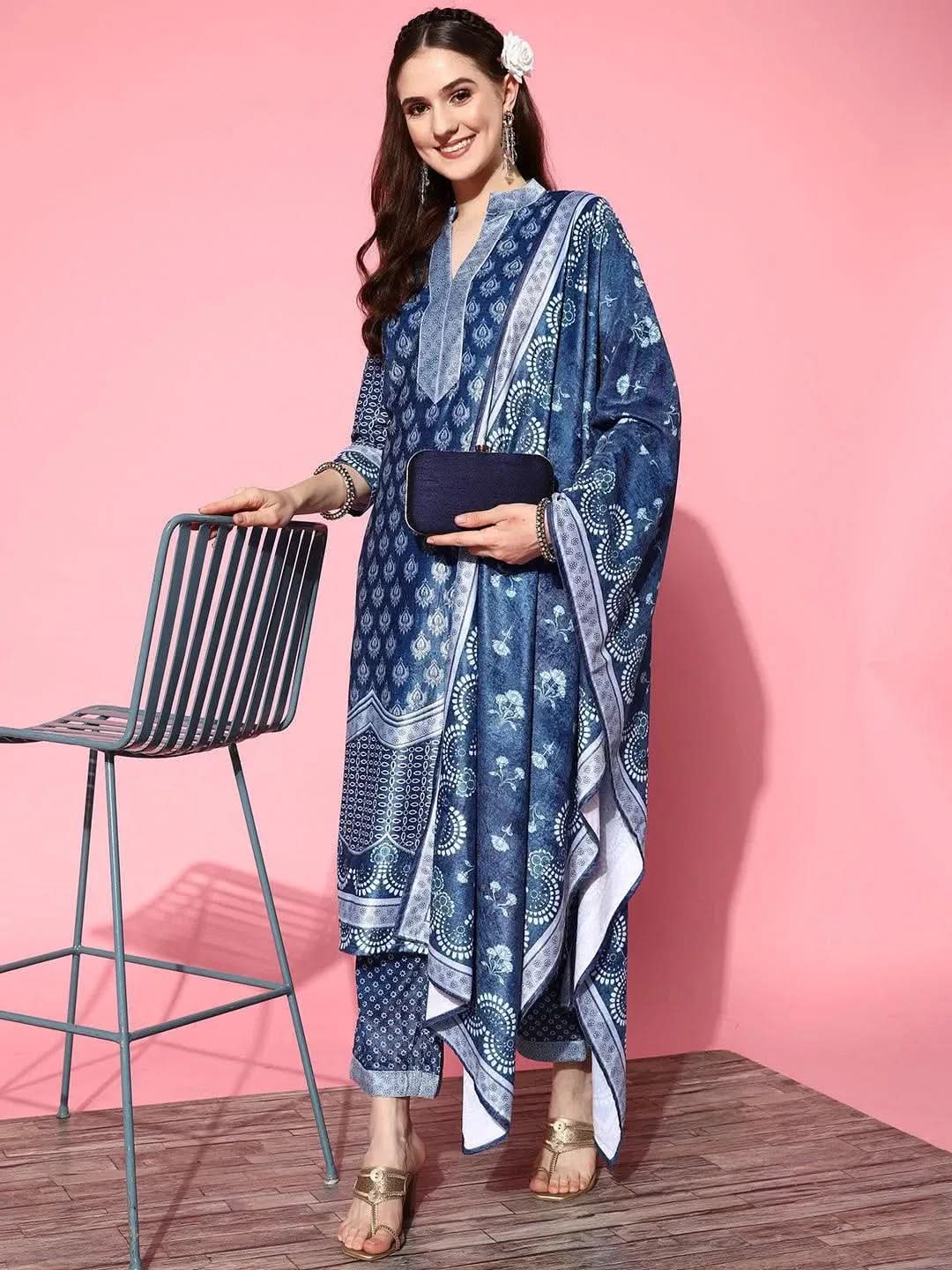 Libas Blue Printed Velvet Straight Kurta With Palazzos & Dupatta