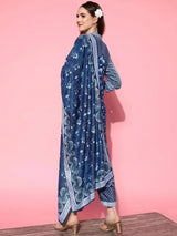 Libas Blue Printed Velvet Straight Kurta With Palazzos & Dupatta