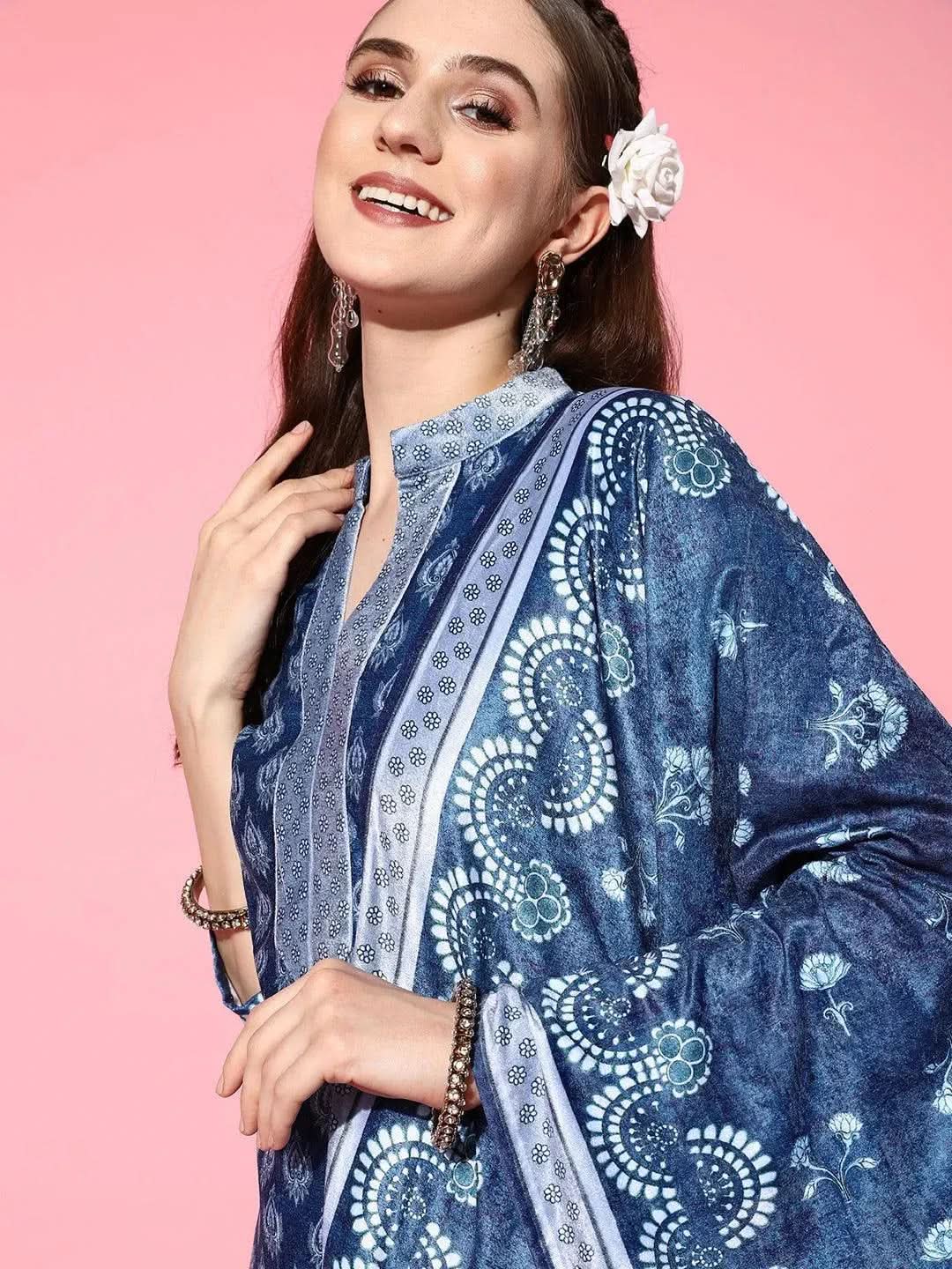 Libas Blue Printed Velvet Straight Kurta With Palazzos & Dupatta