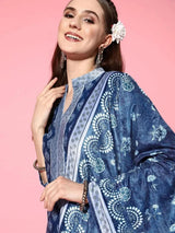 Libas Blue Printed Velvet Straight Kurta With Palazzos & Dupatta