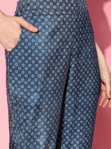 Libas Blue Printed Velvet Straight Kurta With Palazzos & Dupatta
