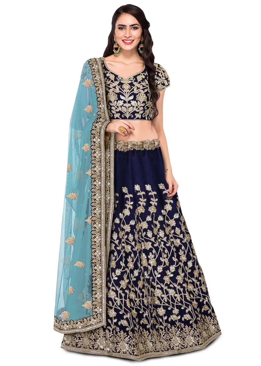 Blue raw silk dulhan lehenga choli
