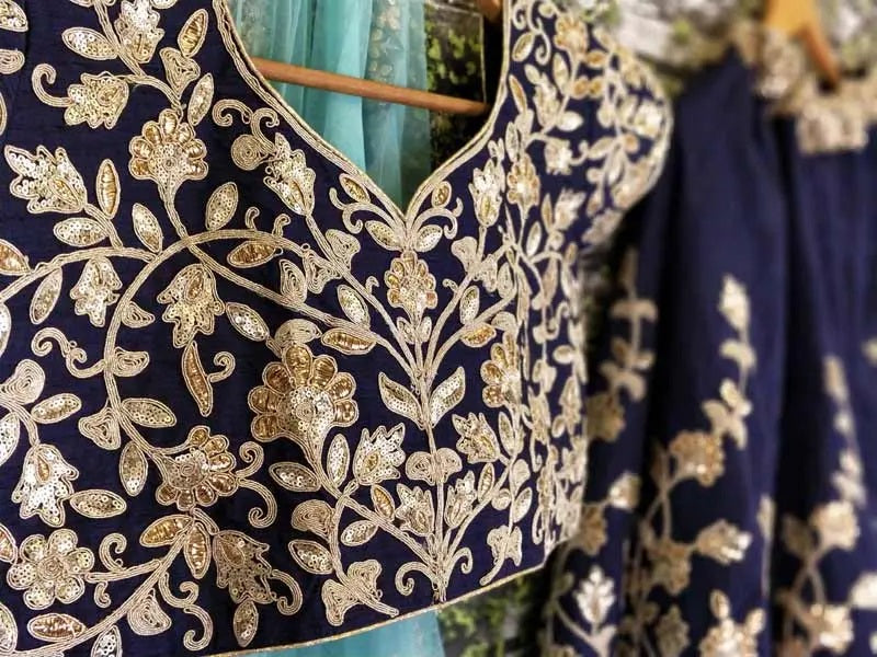 Blue raw silk dulhan lehenga choli