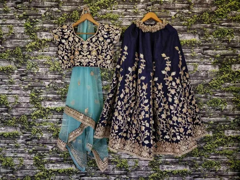 Blue raw silk dulhan lehenga choli