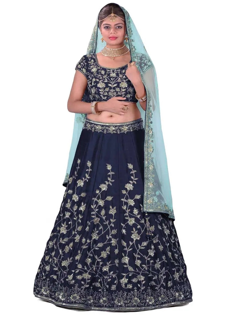 Blue raw silk dulhan lehenga choli