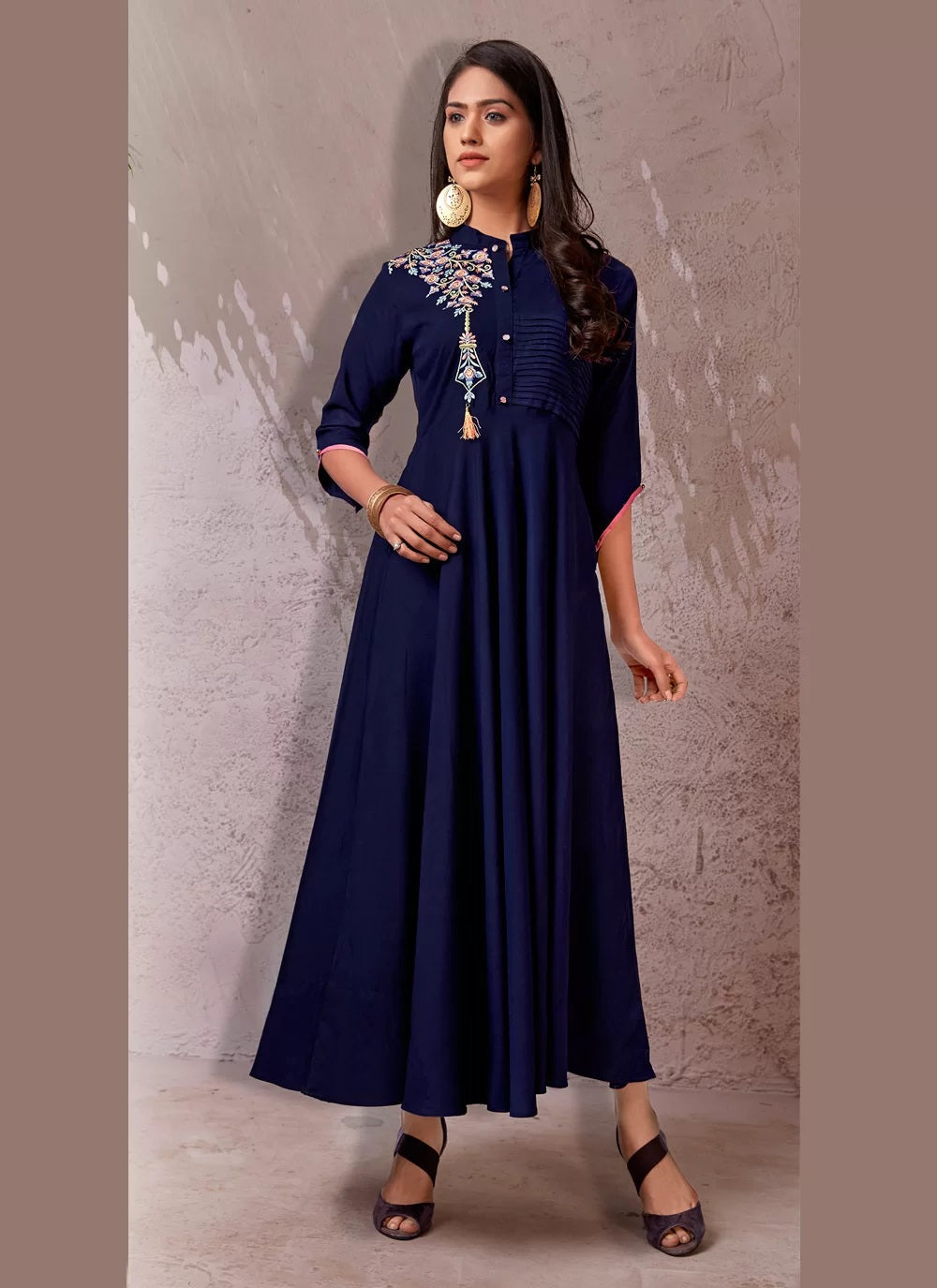 Blue rayon embroidered kurti for women