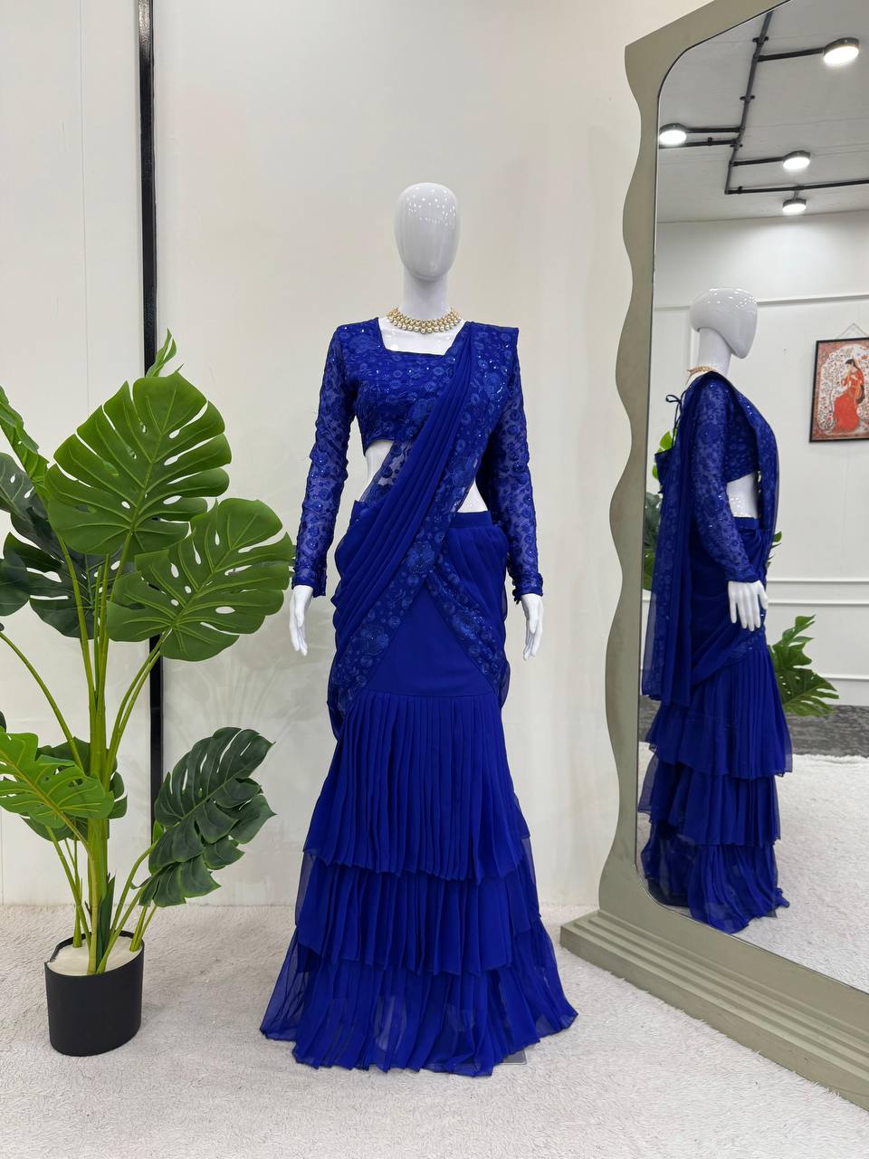 Blue Ready-to-Wear Ruffle Style Lehenga Saree in Faux Georgette with Thread & Sequin Work