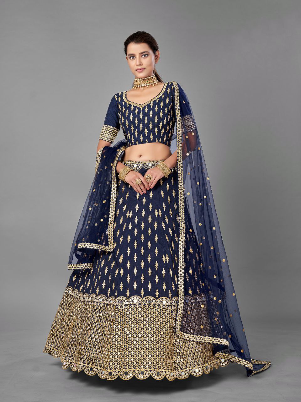 Blue Regal Banglori Silk Lehenga Set with Heavy Zari, Foil & Real Mirror Work