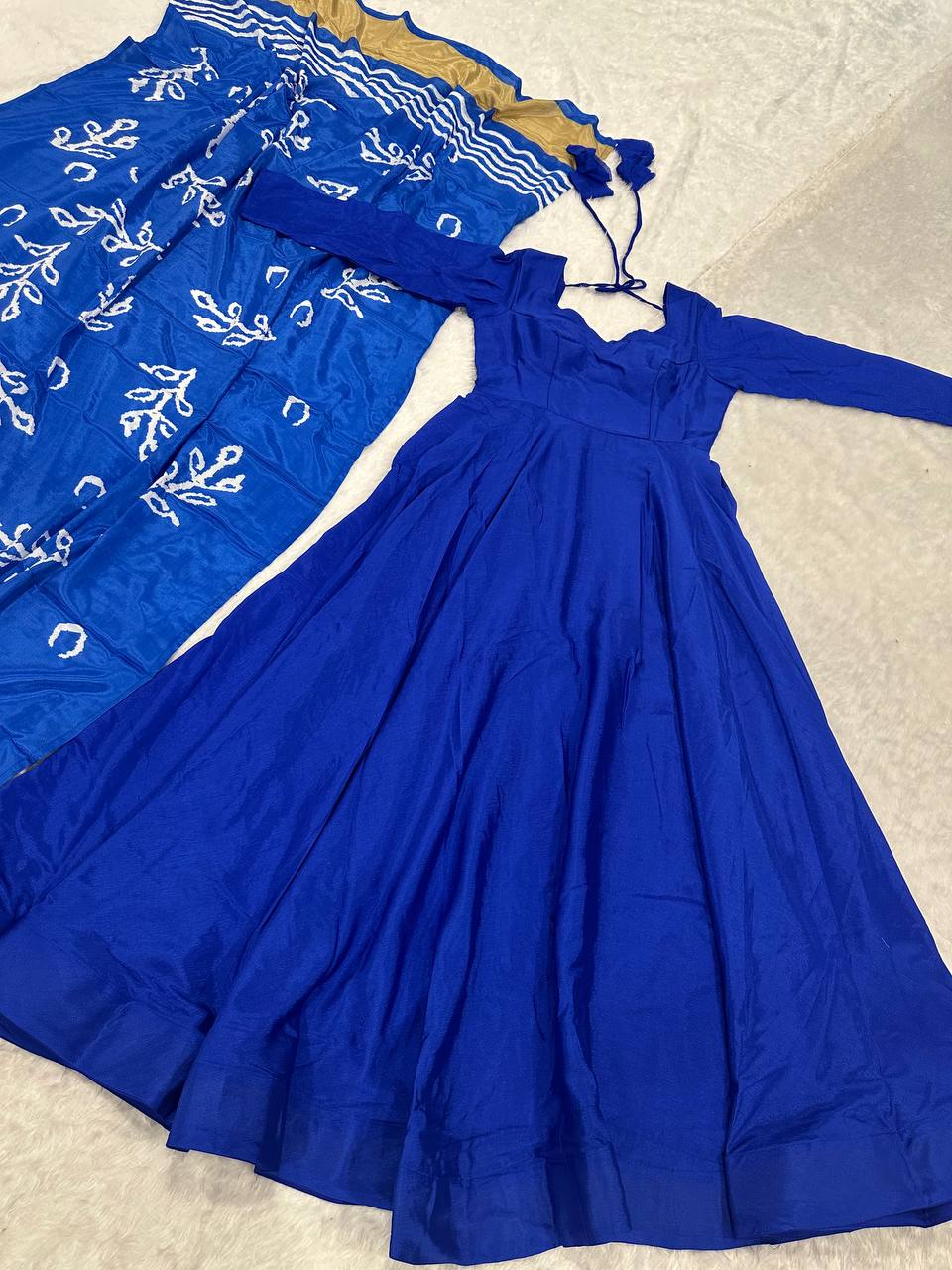 Blue Regal Chinon Silk Anarkali Gown with Digital Print Dupatta