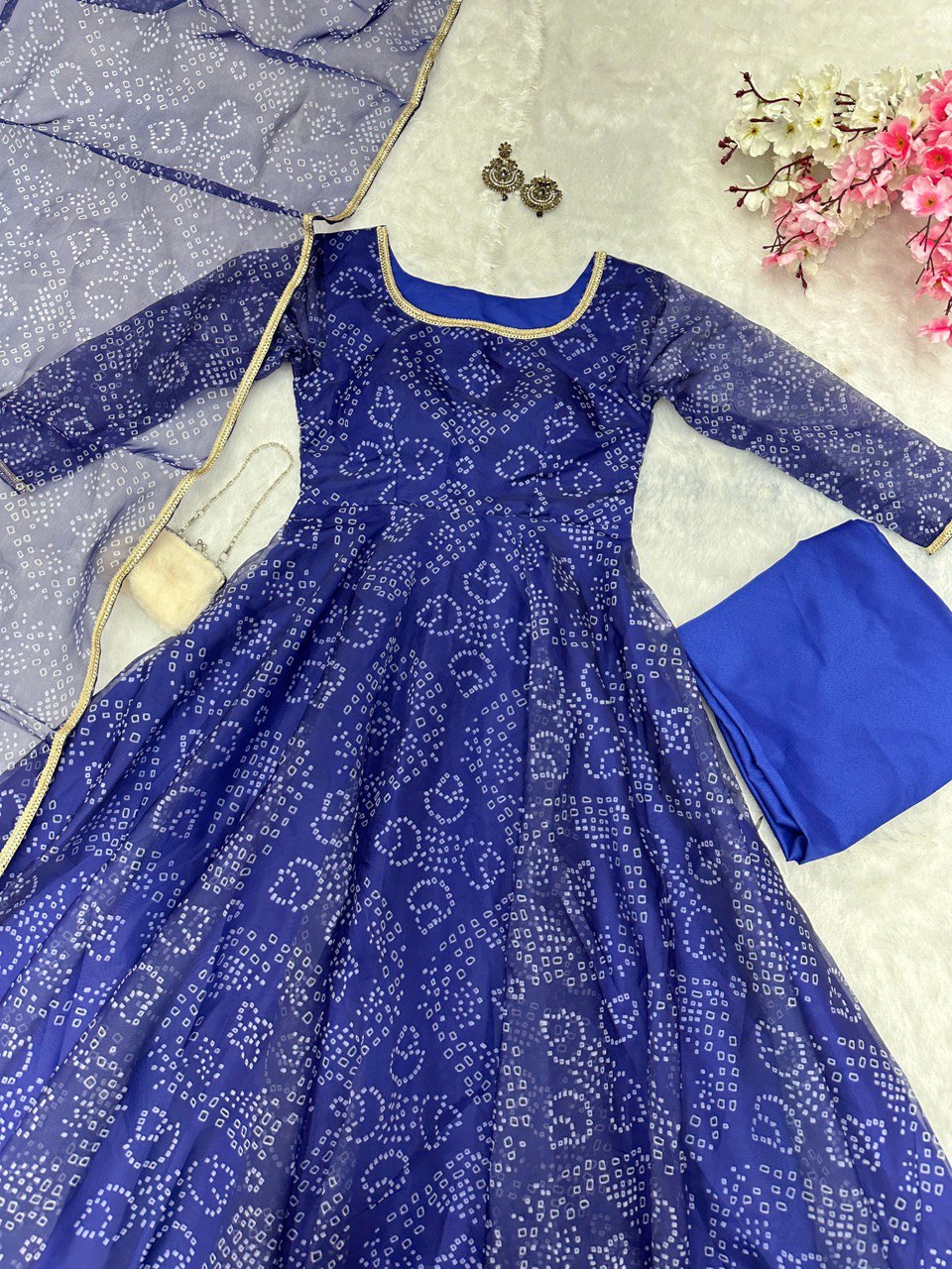 Blue Digital Printed Organza Silk Anarkali Suit