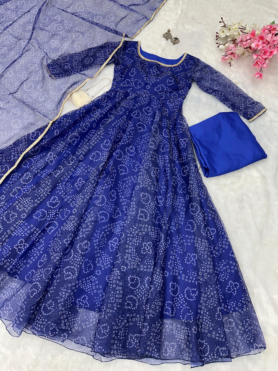 Blue Digital Printed Organza Silk Anarkali Suit