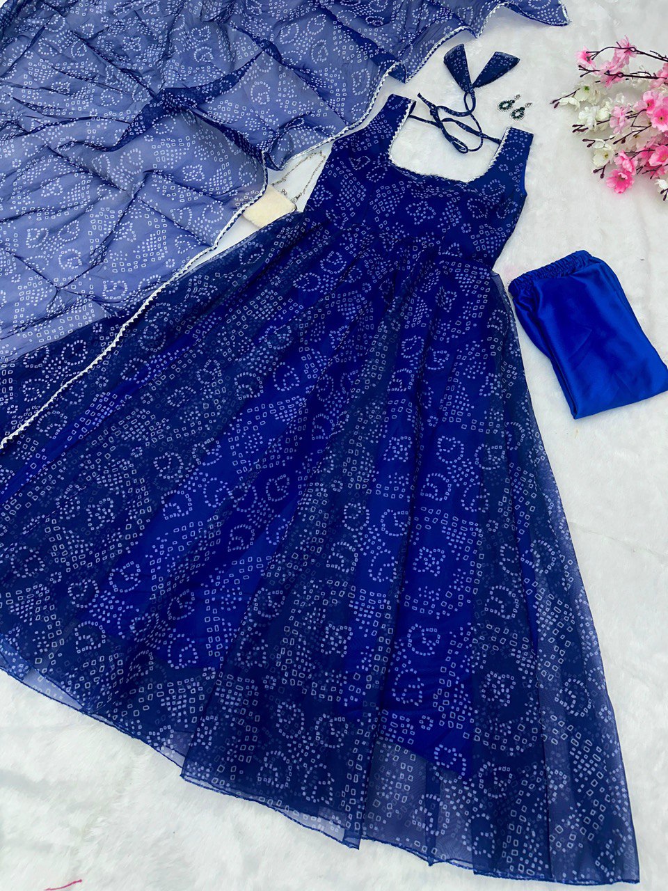 Blue Exclusive Digital Printed Organza Silk Anarkali Suit