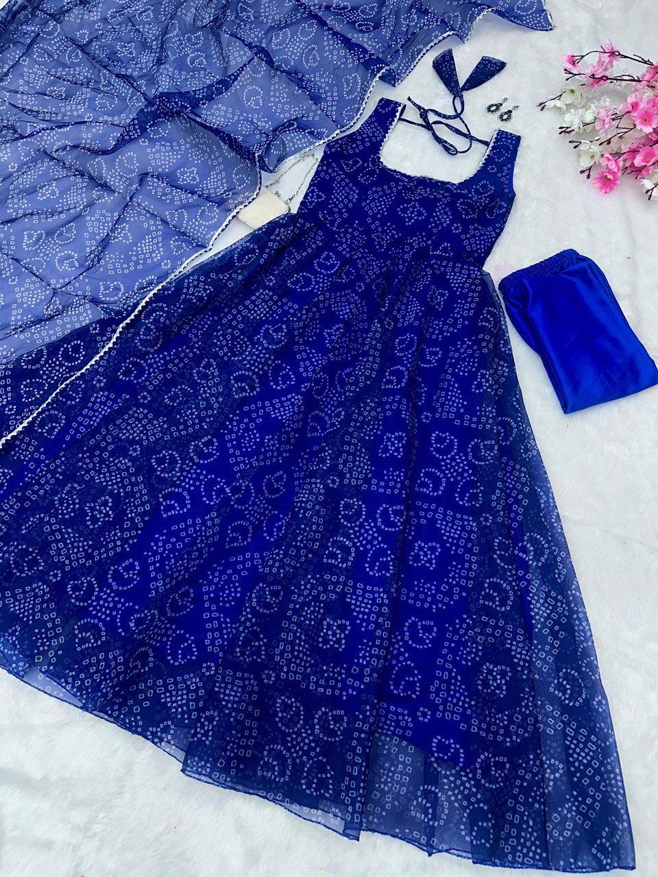 Blue Exclusive Digital Printed Organza Silk Anarkali Suit
