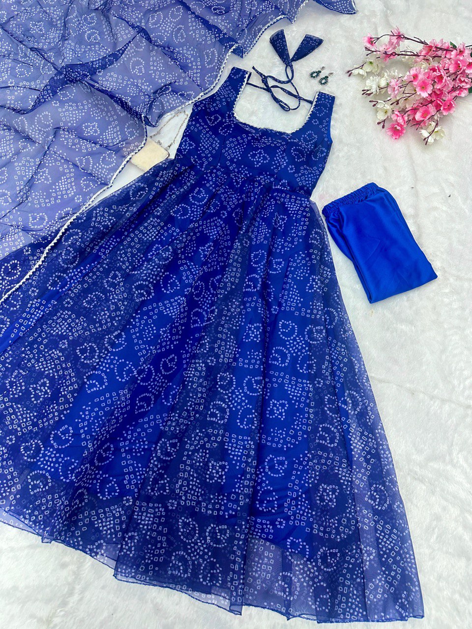 Blue Exclusive Digital Printed Organza Silk Anarkali Suit